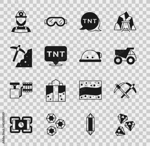 Set Gem stone, Pickaxe, Mining dump truck, Dynamite, Miner helmet and icon. Vector