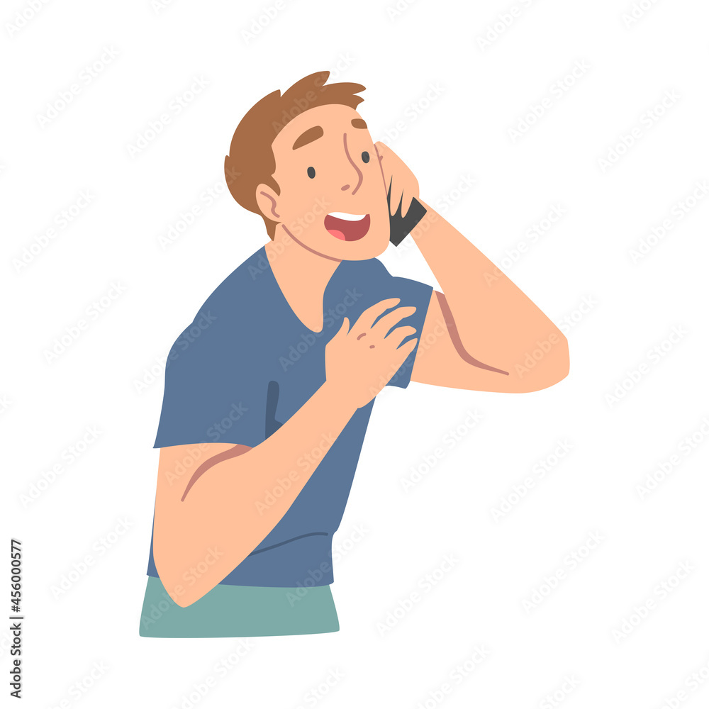 Excited Male Receiving Good News Speaking by Phone and Smiling Happily Vector Illustration