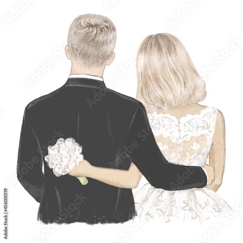 Bride and Groom on Wedding day hand drawn Illustration