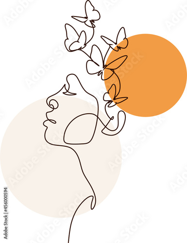 Butterfly Surreal Woman Face line art. Abstract face with butterfly one line drawing. Portrat minimalistic style. Fashion concept, woman beauty minimalist, poster with minimal woman face 