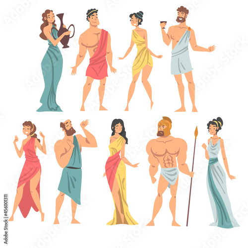 Greeks or Hellenes People Character in Ethnic Chiton Clothing Vector Illustration Set photo