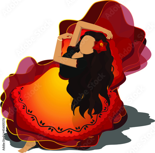 Dancing girl in a red fluffy dress with a flower in her hair
