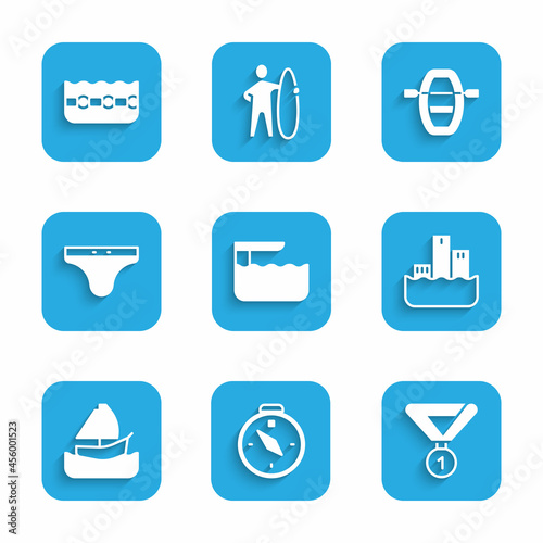 Set Diving board or springboard, Compass, Medal, Winner podium, Yacht sailboat, Swimming trunks, Boat with oars and pool icon. Vector