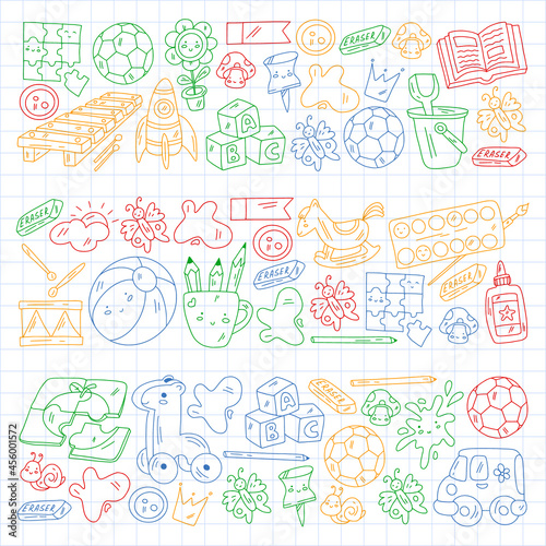 Vector pattern with boys and girls. Kindergarten and toys. Happy childhood and creativity with imagitanion.