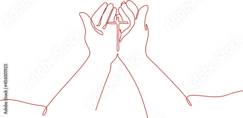 hand with cross line art .Concept of hope, faith, christianity, religion, church online.
