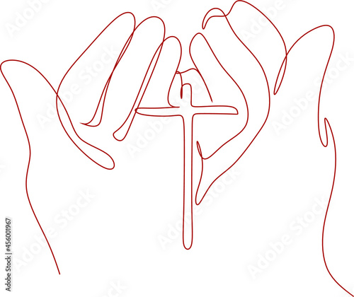 hand with cross line art .Concept of hope, faith, christianity, religion, church online.

