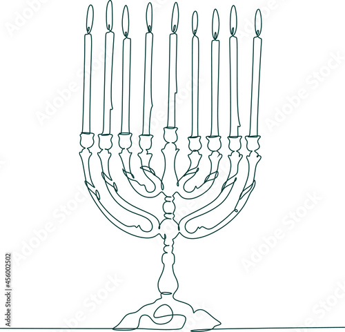 Hanukkah set of line art menorah icon isolated on black background. Religion icon. Hanukkah traditional symbol. Line drawing of jew, jewish symbol