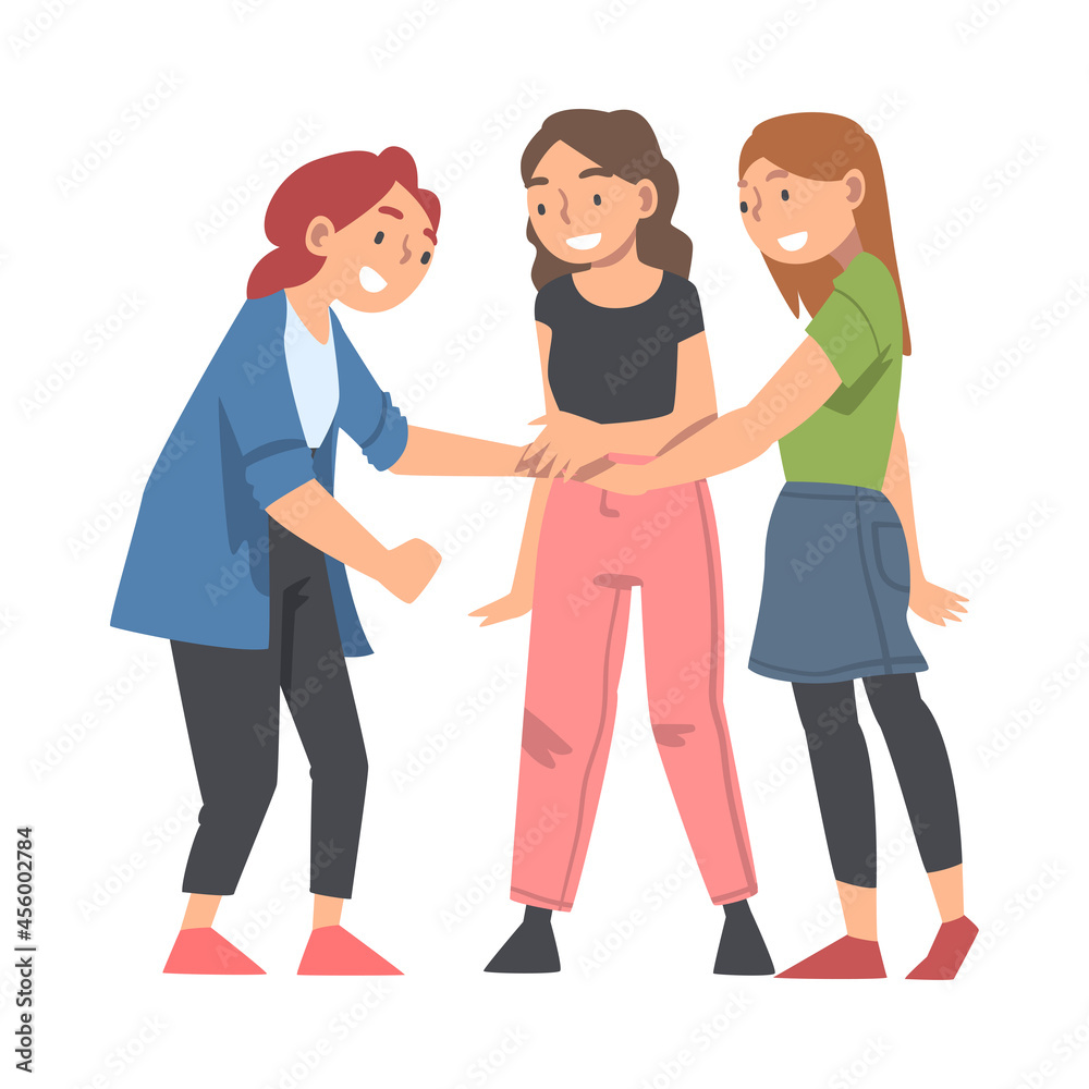Happy Woman Character with Their Hands in Stack Putting Them Together Showing Unity and Solidarity Vector Illustration Happy Woman Character with Their Hands in Stack Putting Them Together Showing Unity and Solidarity Vector Illustration