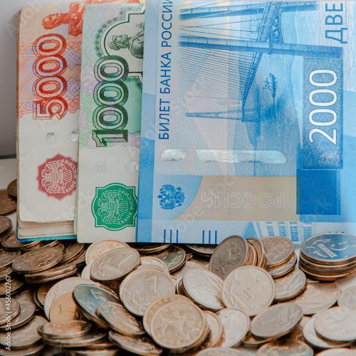 Russian money coins and banknotes, rubles and pennies 2020