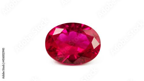 Red Ruby gemstone Round CutOval Cut on white background, close up shot