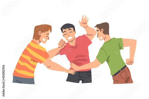 Happy Man Character with Their Hands in Stack Putting Them Together Showing Unity and Solidarity Vector Illustration