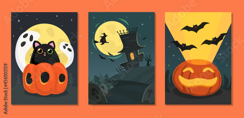 Halloween party invitations or greeting cards with cat, pumpkin and witch house. 