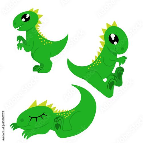 Set of different poses of cute dinosaur on white background. Design element for poster label sign emblem menu. Vector illustration