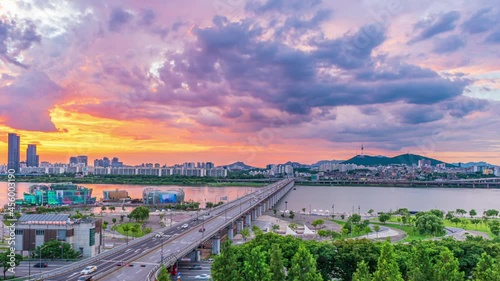 Time lapse 4k sunset located on Han river near banpo bridge time in Seoul city South Korea twilight time view 18 july 2021
