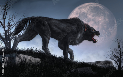 Obraz na plátně A demonic creature with big claws and teeth stalks through long grass soon after nightfall as the moon rises