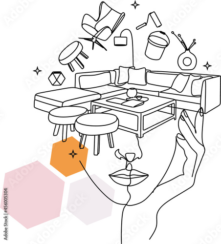Interior designer minimal logo. Line art woman with interior objects flying out of her head. Sofa, armchair, paint, brush, vase