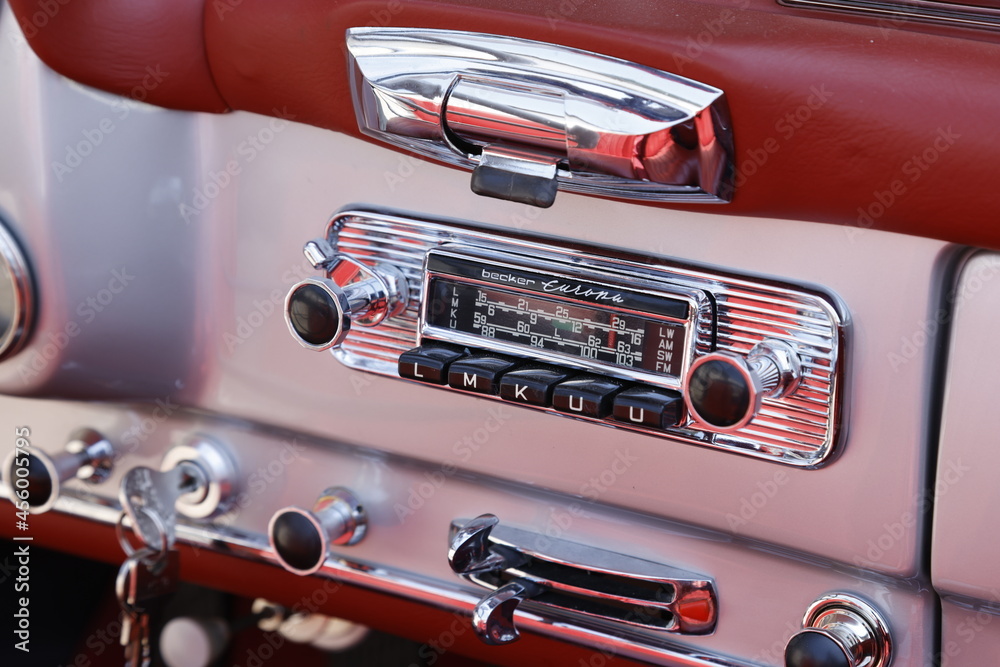 Mercedes Benz 190 SL silver color with red leather interiors. Old original car  radio Becker Europa dashboard. Stock Photo | Adobe Stock