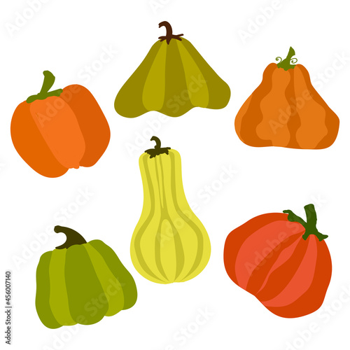  Autumn Vector set of pumpkins. Pumpkins of different colors in a flat style. Vegetables hand drawn isolated