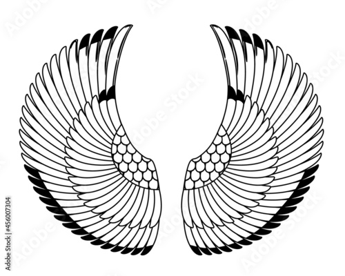 Wings in Egyptian style. Hand-drawn vintage tattoo art. Egypt tribal symbol of pharaoh, element of ancient design. Isolated vector illustration. Spirituality, occultism, chemistry, occult sun tattoo.