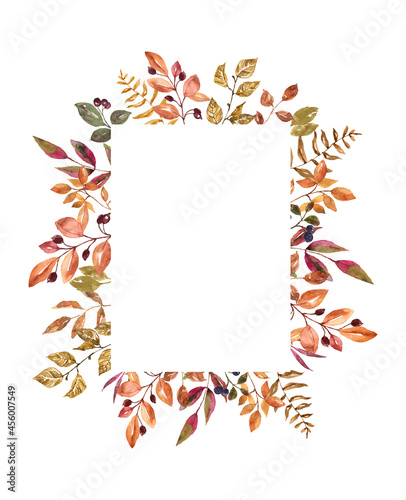 Fall leaves vertical rectangle frame. Watercolor floral border. Autumn wedding invitation design. Hand painted orange foliage, plants, berries on white background.
