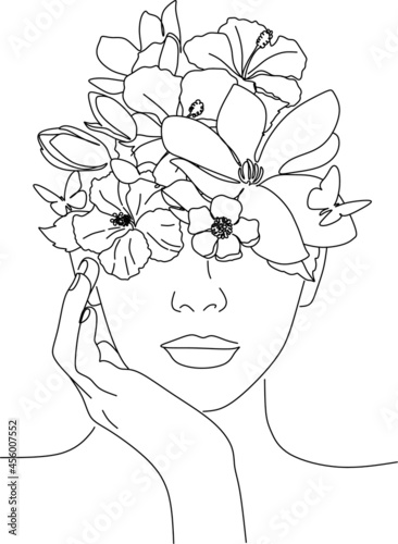 Flower face woman line drawing. Modern continuous line art. Women line art. Beauty salon logo. Coloring book. Botanical print. Nature symbol of cosmetics. Fashion logo.