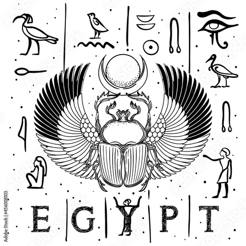 Scarabaeus sacer, Dung beetle. Sacred symbol of in ancient Egypt. Fantasy ornate insects. Isolated vector illustration. Spirituality, occultism, chemistry, occult sun tattoo.