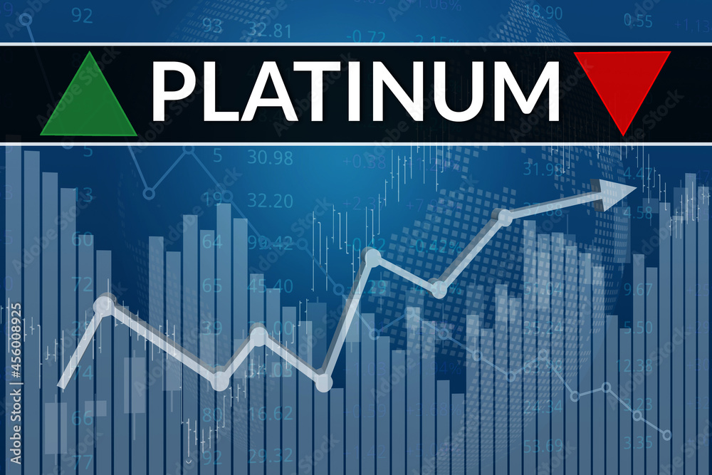 Price change on trading Platinum futures on blue finance background from graphs, charts, columns, bars, numbers. Trend Up and Down, Flat. 3D illustration