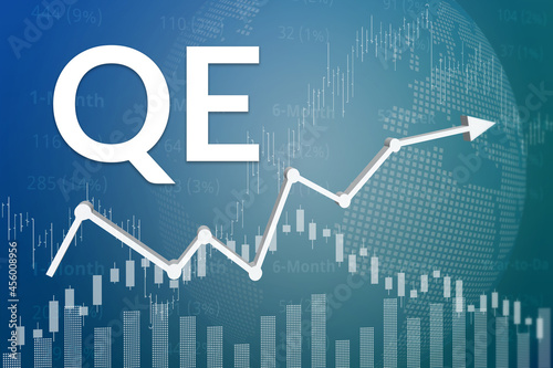 QE - financial term. Monetary policy of quantitative easing by central banks. Text on blue finance background from graphs, charts, candles, bars. 3D illustration