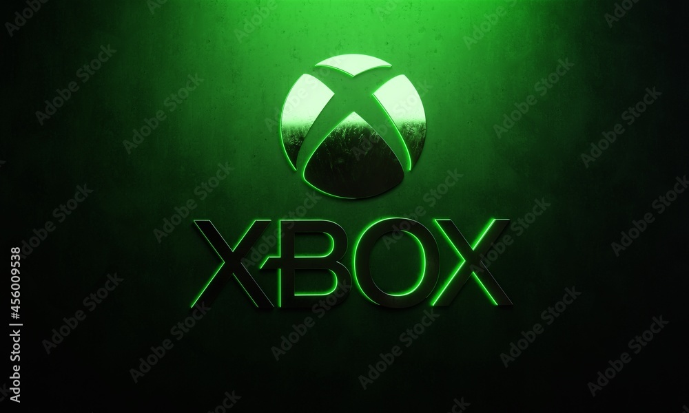 Three-dimensional Xbox logo against dark backdrop with neon green lighting.  Xbox is a video game console brand owned by Microsoft Corporation.  Editorial 3D illustration ilustración de Stock | Adobe Stock