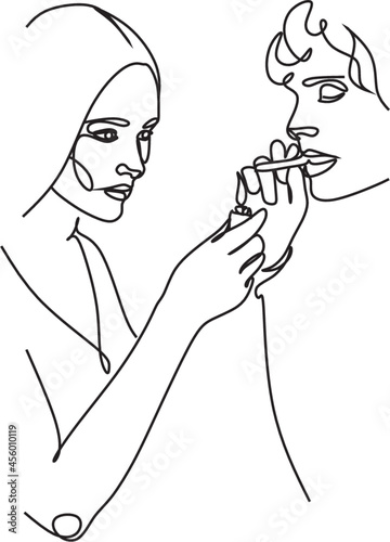 Woman lights a guy's cigarette. Woman with men line art vector. Couple smoking illustration