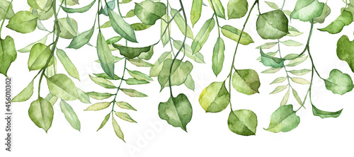 Long seamless banner with hanging ivy leaves on twigs. Watercolor hand painte...