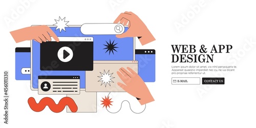 Website design or redesign banner, landing page, advertisement. Designers working on ui ux design or mobile application. Studio or agency prototyping or coding web page or mobile app. Cms development. photo