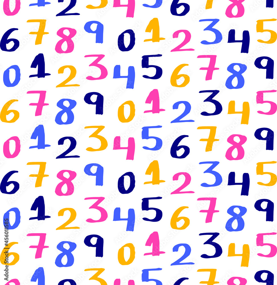 Numbers handwritten with marker pen. Zero to nine. Colorful for kids. Vector print. Pattern seamless. School, math, theme, fun, original, backdrop, background.