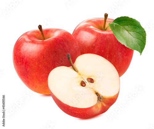 Two fresh red apples and half isolated on white background. Package design element with clipping path
