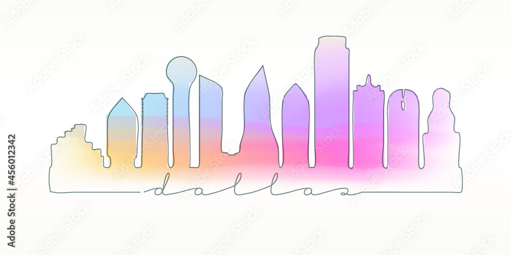 Dallas, TX, USA Skyline Watercolor City Illustration. Famous Buildings Silhouette Hand Drawn Doodle Art. Vector Landmark Sketch Drawing.