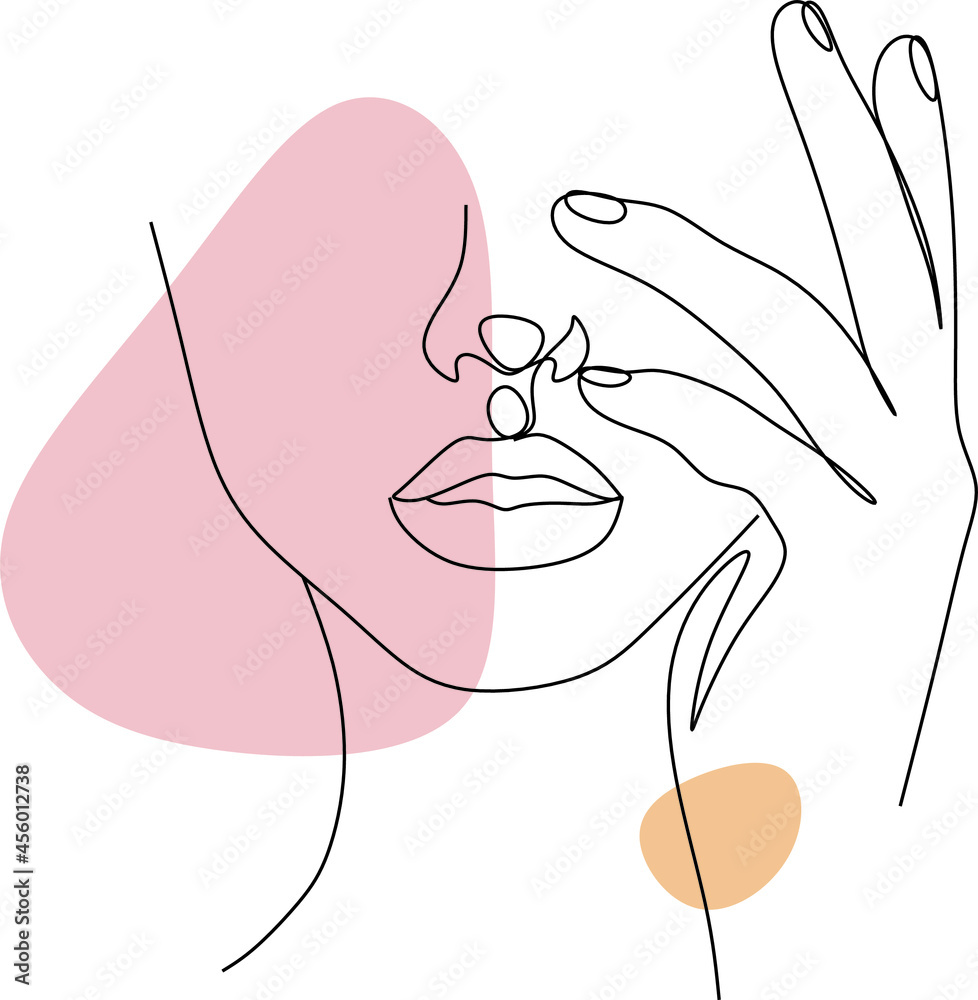 Beauty face with flowers line drawing art. Abstract minimal portrait ...