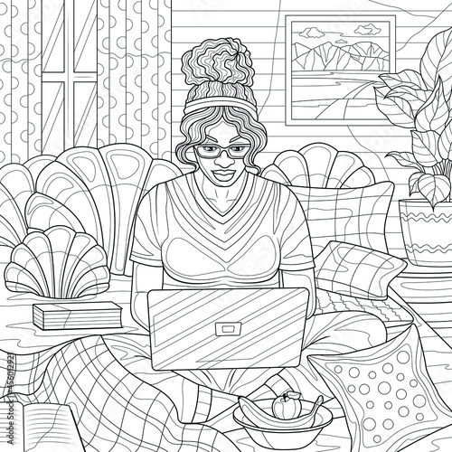 A girl works at a laptop from home.Freelance.Coloring book antistress for children and adults. Illustration isolated on white background.Zen-tangle style. Hand draw