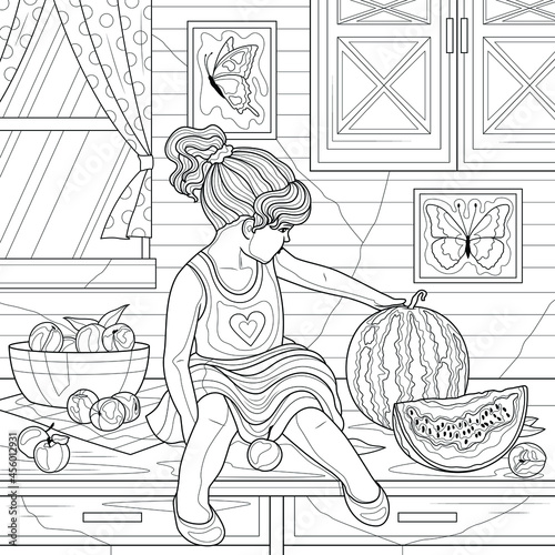 Child in the kitchen with fruit.Coloring book antistress for children and adults. Illustration isolated on white background.Zen-tangle style. Hand draw