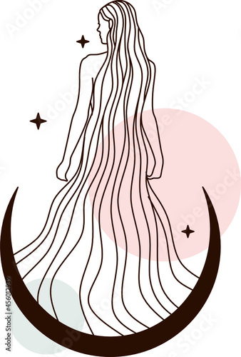 Magic woman boho vector illustrations of graceful feminine women and esoteric symbols set. Mysterious and witchcraft line art design elements. Bohemian silhouettes for greeting card, logo or poster.