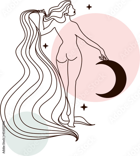 Magic woman boho vector illustrations of graceful feminine women and esoteric symbols set. Mysterious and witchcraft line art design elements. Bohemian silhouettes for greeting card, logo or poster.