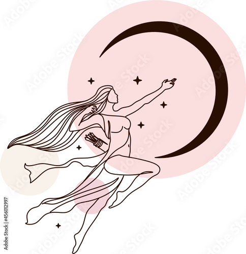 Magic woman boho vector illustrations of graceful feminine women and esoteric symbols set. Mysterious and witchcraft line art design elements. Bohemian silhouettes for greeting card, logo or poster.