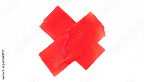 Red tape on white background. Torn horizontal and different size Red sticky tape, adhesive pieces.