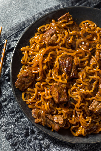 Homemade Trendy Korean Jjapaguri Noodles with Beef