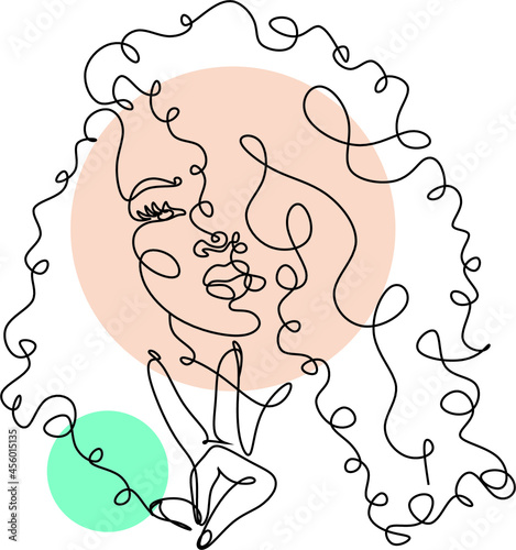 Afro american woman in a modern abstract minimalist one line style. Continuous black line simple drawing. Curly hair woman. Isolated on white. 