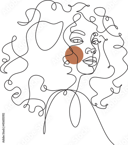 Afro american woman in a modern abstract minimalist one line style. Continuous black line simple drawing. Curly hair woman. Isolated on white. 