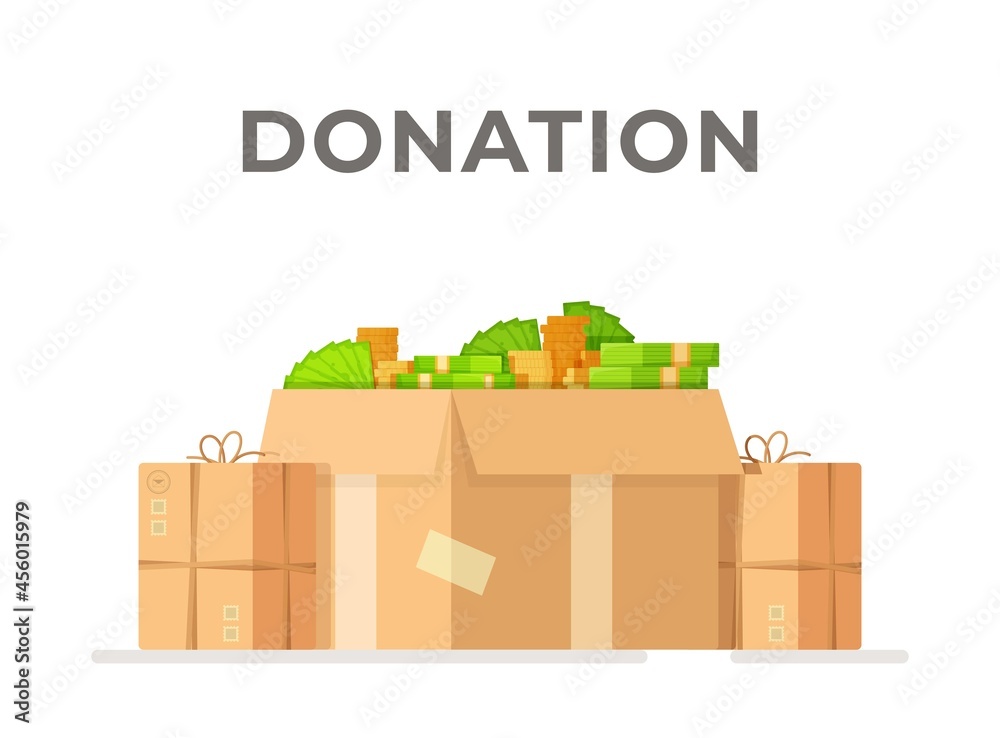 A box full of money. Vector illustration of a pile of gift boxes full of money. A donation to an orphanage, an animal shelter, or a sick person. A box full of money. Vector illustration of a pile of gift boxes full of money. A donation to an orphanage, an animal shelter, or a sick person.