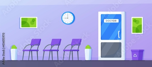 
Vector illustration of doctor's surgery. Interior of the corridor to the doctor's surgery office in the clinic. Empty medical office design. Hospital working in health care concept. 