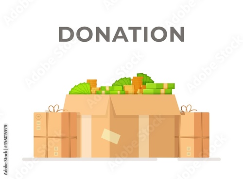 A box full of money. Vector illustration of a pile of gift boxes full of money. A donation to an orphanage, an animal shelter, or a sick person. 
