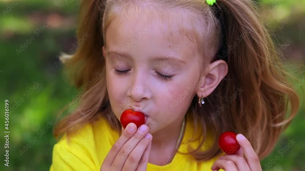 The girl holds two ripe tomatoes in her hands and bites off one of them The girl holds two ripe tomatoes in her hands and bites off one of them