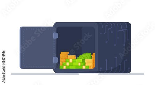 Vector illustration of an open safe. Opened with money inside. Metal safe with money and coins isolated on white background. Bail out with interest.